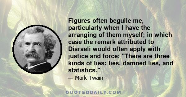 Figures often beguile me, particularly when I have the arranging of them myself; in which case the remark attributed to Disraeli would often apply with justice and force: There are three kinds of lies: lies, damned