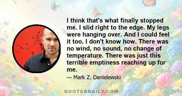 I think that's what finally stopped me. I slid right to the edge. My legs were hanging over. And I could feel it too. I don't know how. There was no wind, no sound, no change of temperature. There was just this terrible 
