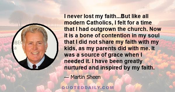 I never lost my faith...But like all modern Catholics, I felt for a time that I had outgrown the church. Now it is a bone of contention in my soul that I did not share my faith with my kids, as my parents did with me.