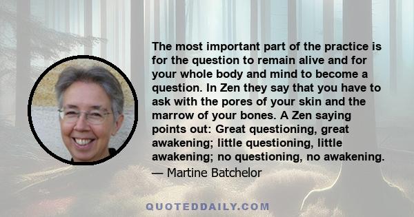 The most important part of the practice is for the question to remain alive and for your whole body and mind to become a question. In Zen they say that you have to ask with the pores of your skin and the marrow of your