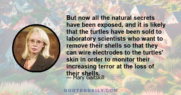 But now all the natural secrets have been exposed, and it is likely that the turtles have been sold to laboratory scientists who want to remove their shells so that they can wire electrodes to the turtles' skin in order 