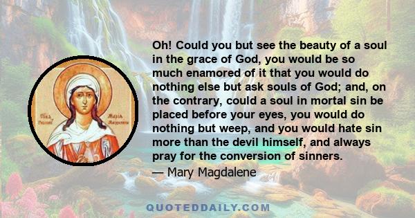 Oh! Could you but see the beauty of a soul in the grace of God, you would be so much enamored of it that you would do nothing else but ask souls of God; and, on the contrary, could a soul in mortal sin be placed before