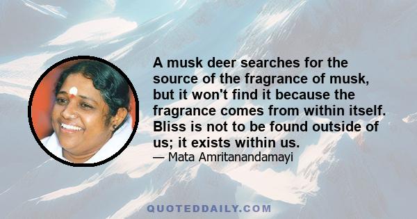 A musk deer searches for the source of the fragrance of musk, but it won't find it because the fragrance comes from within itself. Bliss is not to be found outside of us; it exists within us.