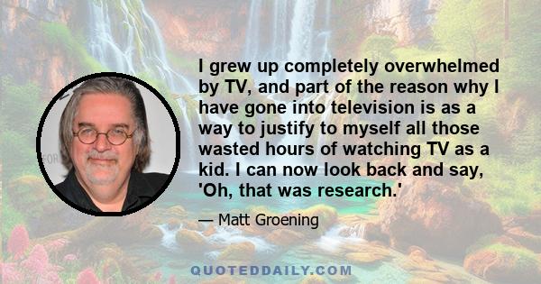 I grew up completely overwhelmed by TV, and part of the reason why I have gone into television is as a way to justify to myself all those wasted hours of watching TV as a kid. I can now look back and say, 'Oh, that was