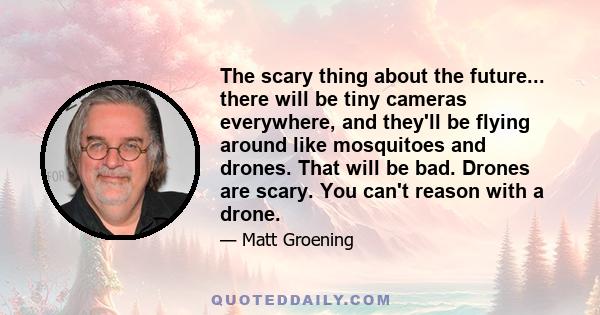 The scary thing about the future... there will be tiny cameras everywhere, and they'll be flying around like mosquitoes and drones. That will be bad. Drones are scary. You can't reason with a drone.