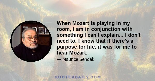 When Mozart is playing in my room, I am in conjunction with something I can't explain... I don't need to. I know that if there's a purpose for life, it was for me to hear Mozart.