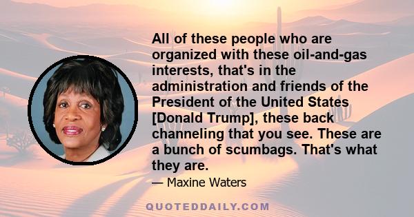 All of these people who are organized with these oil-and-gas interests, that's in the administration and friends of the President of the United States [Donald Trump], these back channeling that you see. These are a