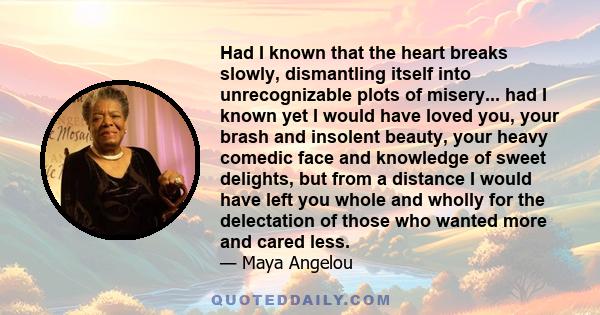 Had I known that the heart breaks slowly, dismantling itself into unrecognizable plots of misery... had I known yet I would have loved you, your brash and insolent beauty, your heavy comedic face and knowledge of sweet