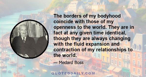 The borders of my bodyhood coincide with those of my openness to the world. They are in fact at any given time identical, though they are always changing with the fluid expansion and contraction of my relationships to