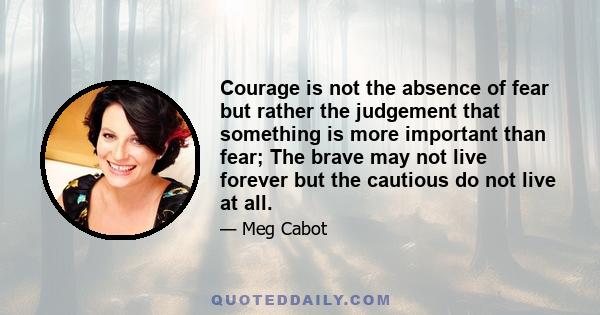 Courage is not the absence of fear but rather the judgement that something is more important than fear; The brave may not live forever but the cautious do not live at all.