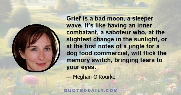 Grief is a bad moon, a sleeper wave. It's like having an inner combatant, a saboteur who, at the slightest change in the sunlight, or at the first notes of a jingle for a dog food commercial, will flick the memory