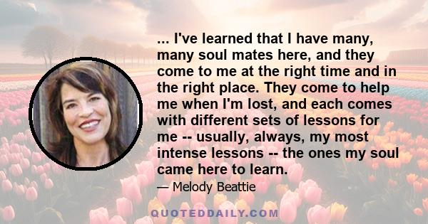 ... I've learned that I have many, many soul mates here, and they come to me at the right time and in the right place. They come to help me when I'm lost, and each comes with different sets of lessons for me -- usually, 