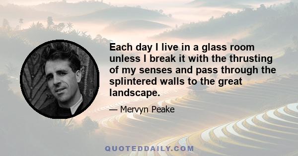 Each day I live in a glass room unless I break it with the thrusting of my senses and pass through the splintered walls to the great landscape.