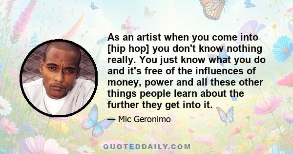 As an artist when you come into [hip hop] you don't know nothing really. You just know what you do and it's free of the influences of money, power and all these other things people learn about the further they get into