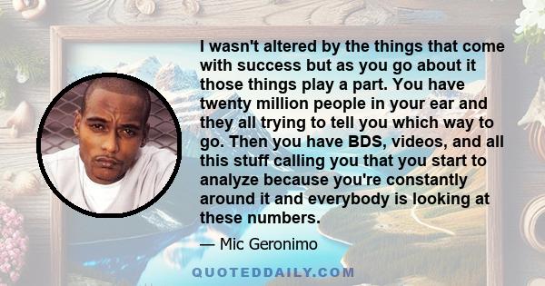 I wasn't altered by the things that come with success but as you go about it those things play a part. You have twenty million people in your ear and they all trying to tell you which way to go. Then you have BDS,