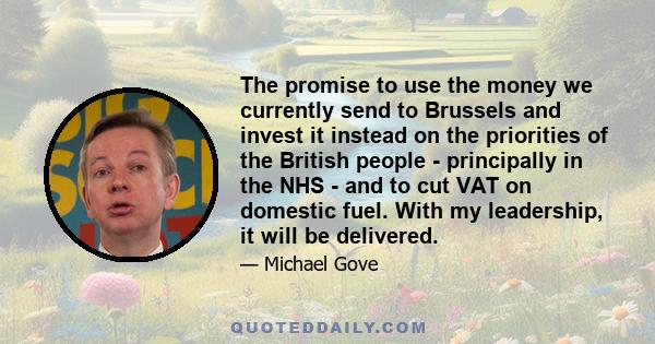 The promise to use the money we currently send to Brussels and invest it instead on the priorities of the British people - principally in the NHS - and to cut VAT on domestic fuel. With my leadership, it will be