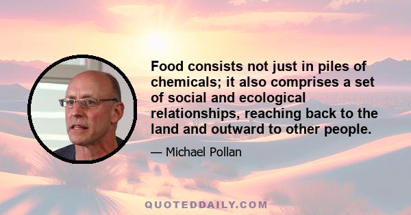 Food consists not just in piles of chemicals; it also comprises a set of social and ecological relationships, reaching back to the land and outward to other people.