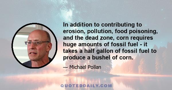 In addition to contributing to erosion, pollution, food poisoning, and the dead zone, corn requires huge amounts of fossil fuel - it takes a half gallon of fossil fuel to produce a bushel of corn.