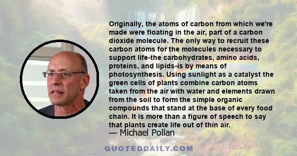 Originally, the atoms of carbon from which we're made were floating in the air, part of a carbon dioxide molecule. The only way to recruit these carbon atoms for the molecules necessary to support life-the