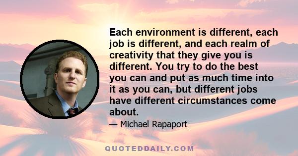 Each environment is different, each job is different, and each realm of creativity that they give you is different. You try to do the best you can and put as much time into it as you can, but different jobs have