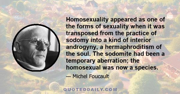 Homosexuality appeared as one of the forms of sexuality when it was transposed from the practice of sodomy into a kind of interior androgyny, a hermaphroditism of the soul. The sodomite had been a temporary aberration;