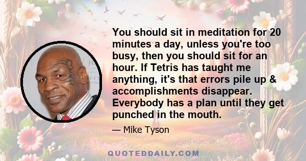 You should sit in meditation for 20 minutes a day, unless you're too busy, then you should sit for an hour. If Tetris has taught me anything, it's that errors pile up & accomplishments disappear. Everybody has a plan