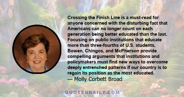 Crossing the Finish Line is a must-read for anyone concerned with the disturbing fact that Americans can no longer count on each generation being better educated than the last. Focusing on public institutions that