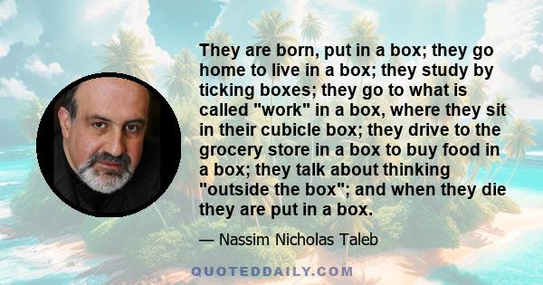 They are born, put in a box; they go home to live in a box; they study by ticking boxes; they go to what is called work in a box, where they sit in their cubicle box; they drive to the grocery store in a box to buy food 