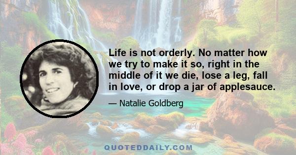 Life is not orderly. No matter how we try to make it so, right in the middle of it we die, lose a leg, fall in love, or drop a jar of applesauce.