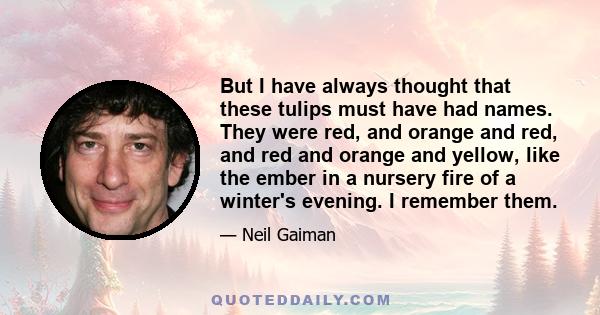 But I have always thought that these tulips must have had names. They were red, and orange and red, and red and orange and yellow, like the ember in a nursery fire of a winter's evening. I remember them.