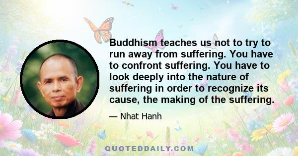 Buddhism teaches us not to try to run away from suffering. You have to confront suffering. You have to look deeply into the nature of suffering in order to recognize its cause, the making of the suffering.