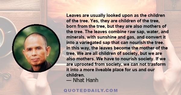 Leaves are usually looked upon as the children of the tree. Yes, they are children of the tree, born from the tree, but they are also mothers of the tree. The leaves combine raw sap, water, and minerals, with sunshine