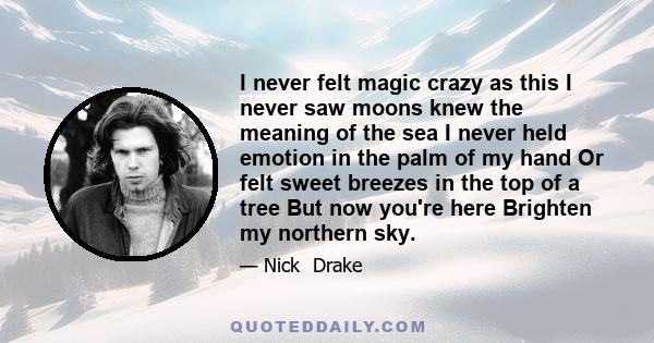 I never felt magic crazy as this I never saw moons knew the meaning of the sea I never held emotion in the palm of my hand Or felt sweet breezes in the top of a tree But now you're here Brighten my northern sky.