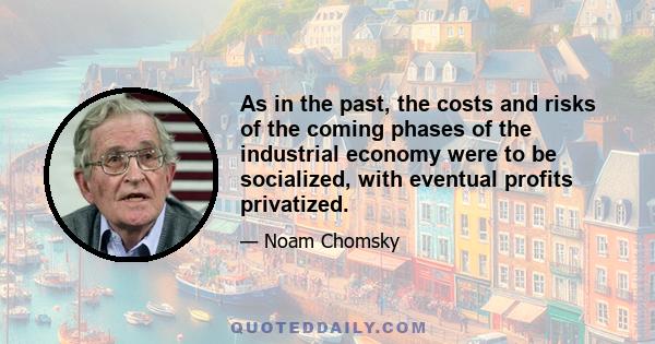 As in the past, the costs and risks of the coming phases of the industrial economy were to be socialized, with eventual profits privatized.