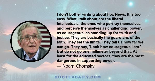 I don't bother writing about Fox News. It is too easy. What I talk about are the liberal intellectuals, the ones who portray themselves and perceive themselves as challenging power, as courageous, as standing up for