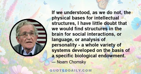 If we understood, as we do not, the physical bases for intellectual structures, I have little doubt that we would find structures in the brain for social interactions, or language, or analysis of personality - a whole