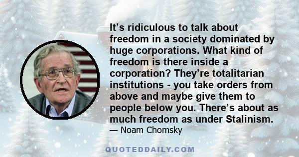 It’s ridiculous to talk about freedom in a society dominated by huge corporations. What kind of freedom is there inside a corporation? They’re totalitarian institutions - you take orders from above and maybe give them