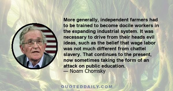 More generally, independent farmers had to be trained to become docile workers in the expanding industrial system. It was necessary to drive from their heads evil ideas, such as the belief that wage labor was not much