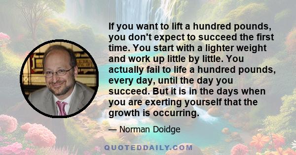 If you want to lift a hundred pounds, you don't expect to succeed the first time. You start with a lighter weight and work up little by little. You actually fail to life a hundred pounds, every day, until the day you