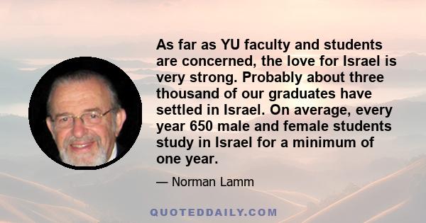 As far as YU faculty and students are concerned, the love for Israel is very strong. Probably about three thousand of our graduates have settled in Israel. On average, every year 650 male and female students study in