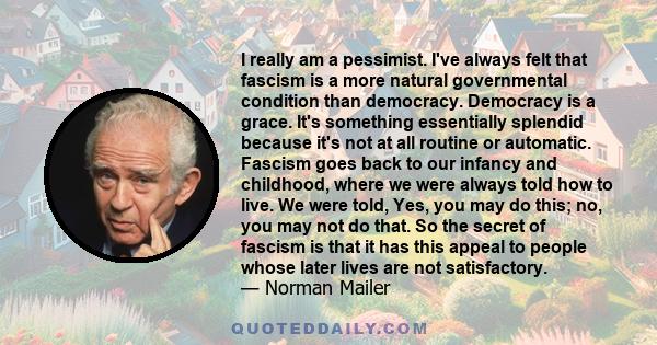 I really am a pessimist. I've always felt that fascism is a more natural governmental condition than democracy. Democracy is a grace. It's something essentially splendid because it's not at all routine or automatic.