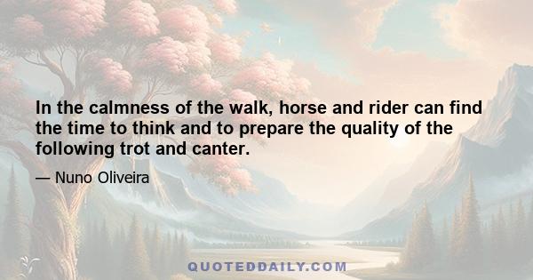 In the calmness of the walk, horse and rider can find the time to think and to prepare the quality of the following trot and canter.