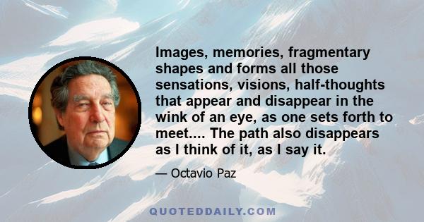 Images, memories, fragmentary shapes and forms all those sensations, visions, half-thoughts that appear and disappear in the wink of an eye, as one sets forth to meet.... The path also disappears as I think of it, as I