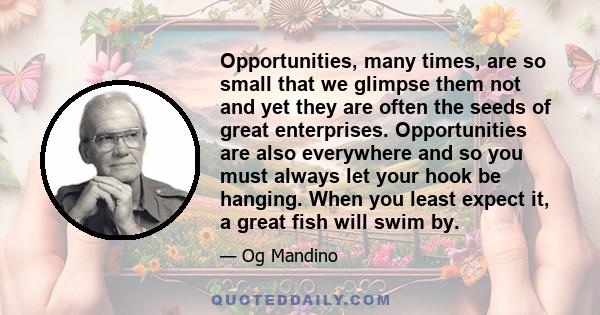 Opportunities, many times, are so small that we glimpse them not and yet they are often the seeds of great enterprises. Opportunities are also everywhere and so you must always let your hook be hanging. When you least