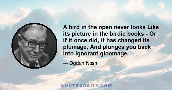 A bird in the open never looks Like its picture in the birdie books - Or if it once did, it has changed its plumage, And plunges you back into ignorant gloomage.