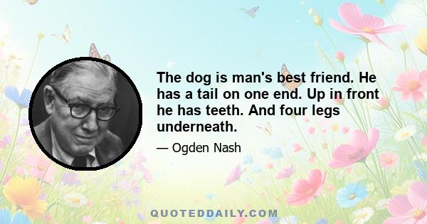 The dog is man's best friend. He has a tail on one end. Up in front he has teeth. And four legs underneath.