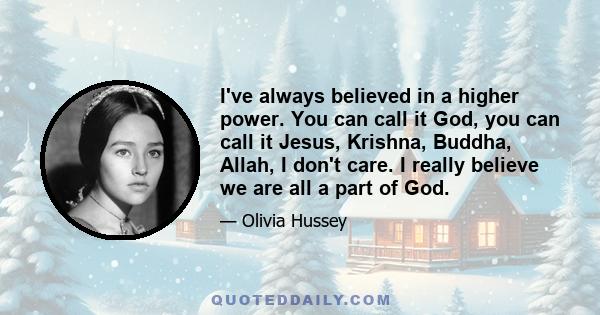 I've always believed in a higher power. You can call it God, you can call it Jesus, Krishna, Buddha, Allah, I don't care. I really believe we are all a part of God.