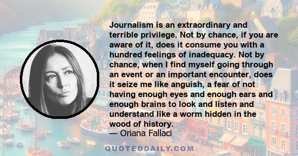 Journalism is an extraordinary and terrible privilege. Not by chance, if you are aware of it, does it consume you with a hundred feelings of inadequacy. Not by chance, when I find myself going through an event or an