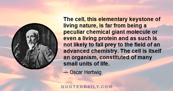 The cell, this elementary keystone of living nature, is far from being a peculiar chemical giant molecule or even a living protein and as such is not likely to fall prey to the field of an advanced chemistry. The cell