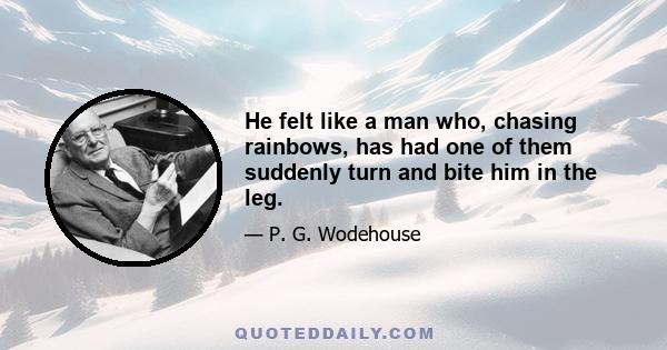 He felt like a man who, chasing rainbows, has had one of them suddenly turn and bite him in the leg.